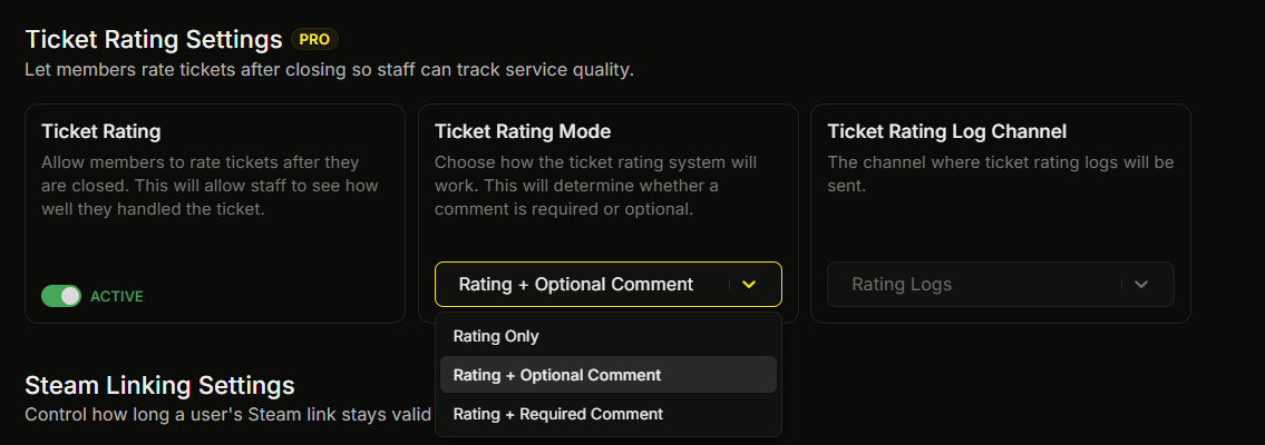 Settings, Ticket Rating Mode dropdown open showing the three options