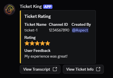 A rating embed posted to a Discord channel showing all fields and both link buttons