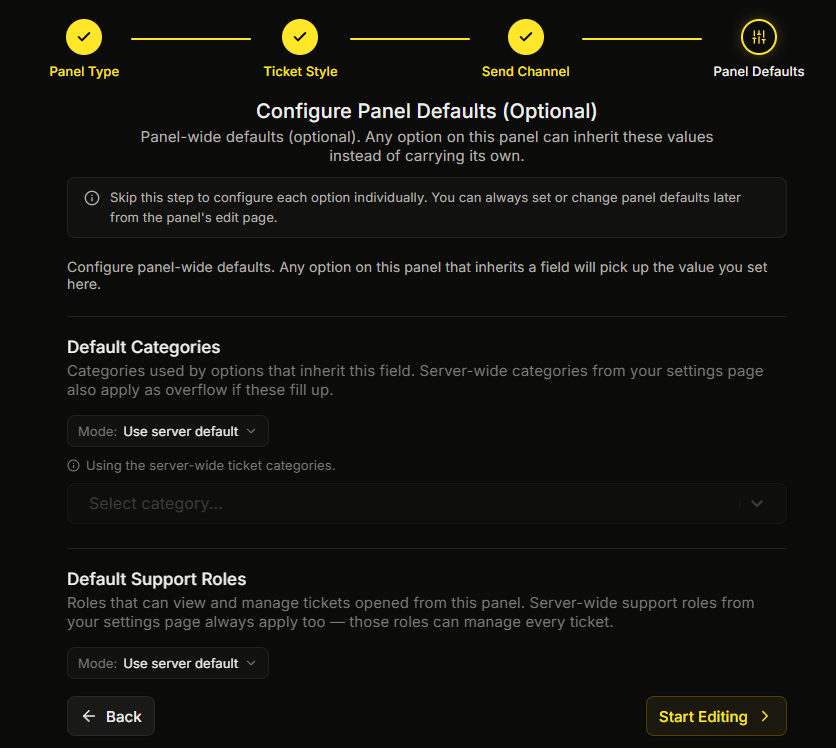 The wizard on the Configure Panel Defaults step, with the Start Editing button visible
