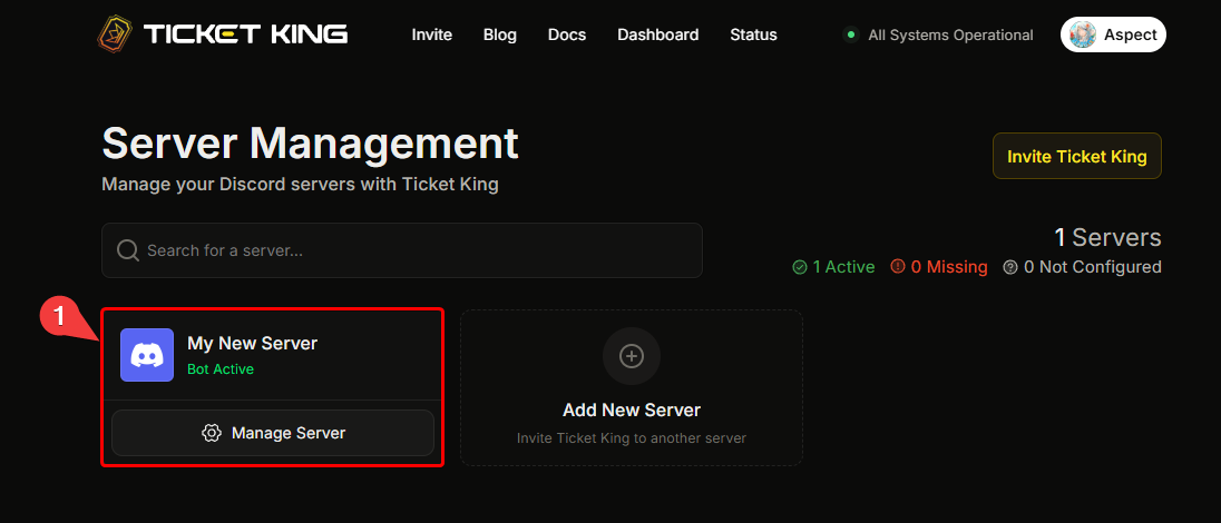 The Server Management page showing a grid of server cards