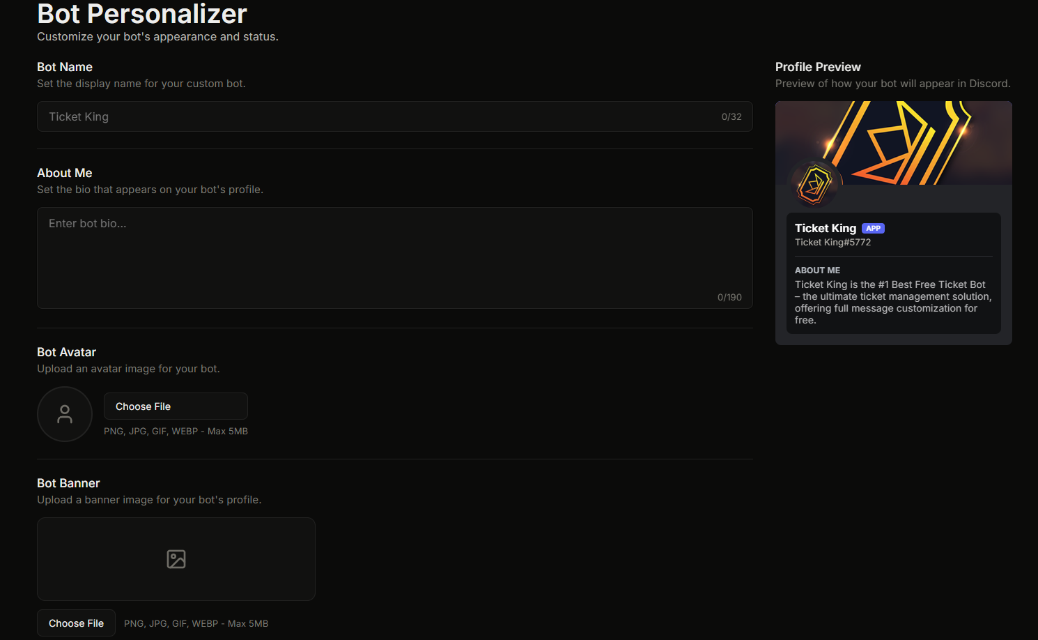 The Bot Personalizer page with Name, About Me, Avatar, and Banner fields all populated, and the right-side Discord-style