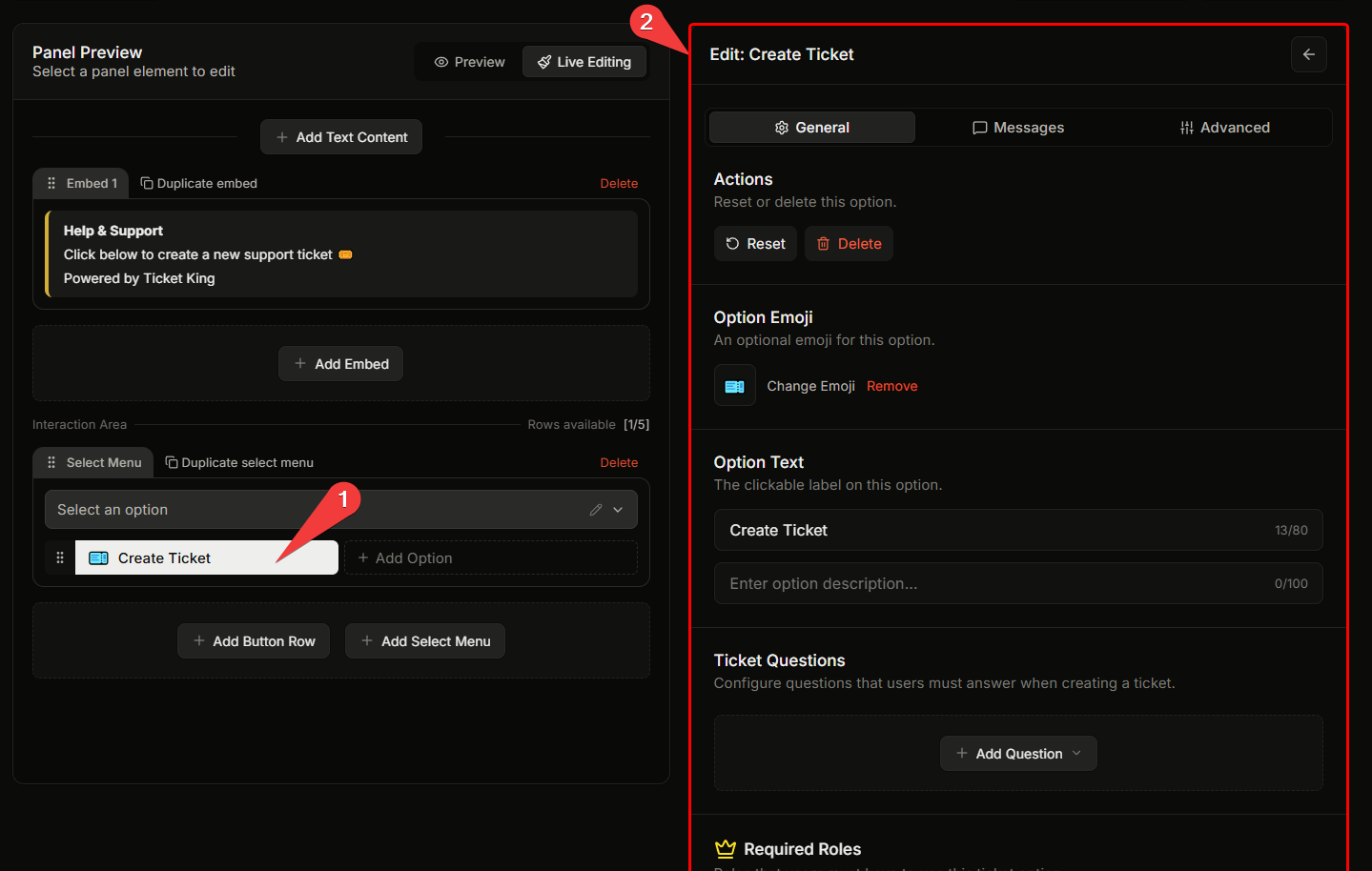 A panel in Discord with a dropdown menu open showing multiple options with descriptions and emojis